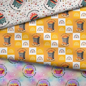 May include: Fabric with a repeating pattern featuring a cartoon dumpster on fire, with the text "I'm gonna let it shine" and "This little light of mine". The fabric has a white, yellow, and purple background.
