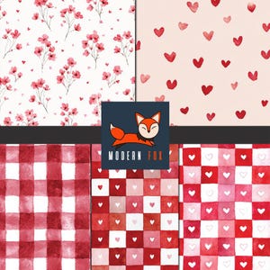 May include: A collection of watercolor patterns featuring floral and heart designs in shades of red and pink. The patterns include flowers, scattered hearts, and checkered patterns. A Modern Fox logo is centered.