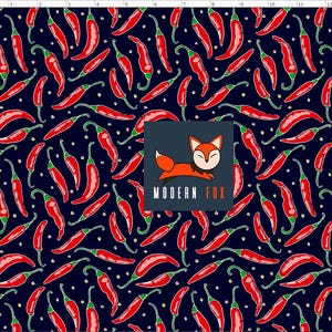 May include: A repeating pattern of red chili peppers with green stems on a dark blue background. Small white dots are scattered throughout the design. The Modern Fox logo is in the lower right corner.