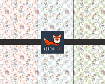 Puede incluir: Seis papeles digitales estampados con un diseño repetido de gansos de dibujos animados, arcoíris y flores. Los fondos son patrones de cuadros rosas, azules y verdes pastel. El logotipo de Modern Fox está en el centro.
