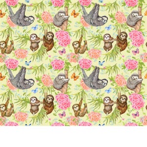 Sloth Fabric by the Yard. Sloth Wild Animal Jungle Pattern, 100% Organic Interlock Knit cotton, Kona Cotton, Cotton Spandex Jersey (SLTH6)