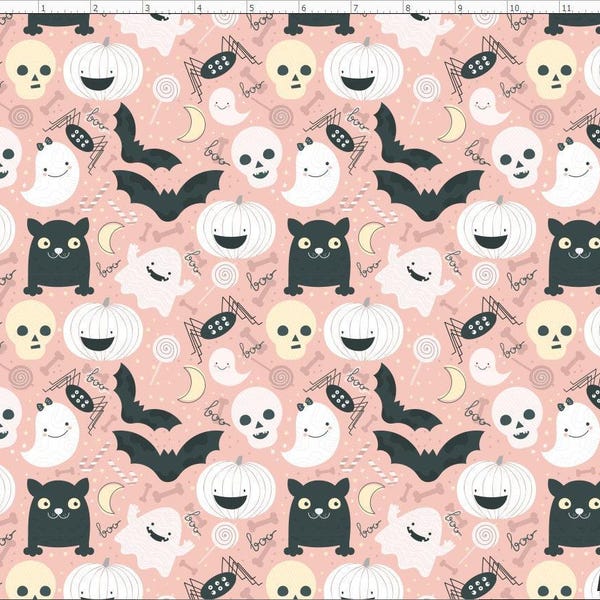 Pastel Halloween, Pink Halloween Fabric By The Yard, Halloween Fabric, Pink Pumpkin, Cute Halloween Fabric, Custom Print Fabric (HAL206A)