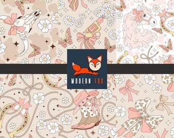 May include: A repeating pattern featuring cowboy-themed illustrations in soft pink, beige, and white. The design includes bows, butterflies, horseshoes, cowboy boots, revolvers, and floral elements. The Modern Fox logo is also present.