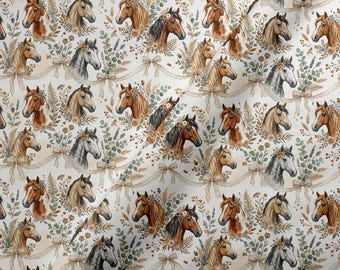 HOR10 - Horse and Flower, Southwestern Fabric, Rodeo Western Country Horse Floral Bow Coquette, Custom Printed Fabric