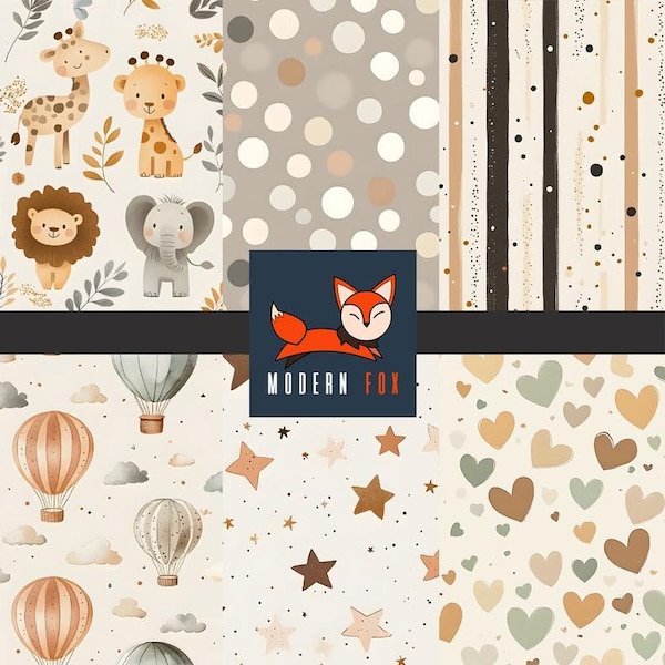 NURS1 - Neutral Newborn Baby Nursery Fabric, Nursery Baby Animals Fabric, Hot Air Balloons, Custom Print Fabric, Fabric By The Yard