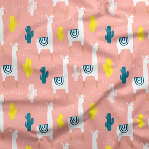 Llama Cactus Fabric by the Yard. Alpaca Southwest Fabric, 100% Organic Interlock Knit cotton, Kona Cotton, Cotton Spandex Jersey (LLM2) image 1
