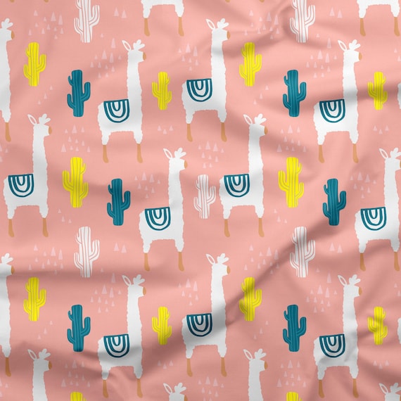 Llama Cactus Fabric by the Yard. Alpaca Southwest Fabric, 100% Organic Interlock Knit cotton, Kona Cotton, Cotton Spandex Jersey (LLM2)