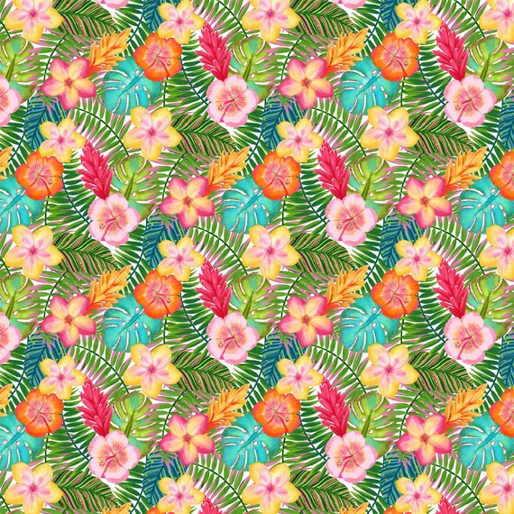 Tropical Flower Fabric Hawaiian Flowers Summer Fabric Luau Etsy
