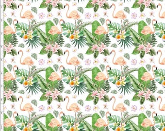 FMG8 - Flamingo with Flowers Fabric, Custom Printed Fabric By The Yard