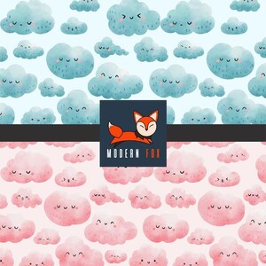 CLD10 - Pink Emoticon Cloud, Smiley Cloud, Happy Cloud, Blue Cloud, Custom Printing Fabric by The Yard
