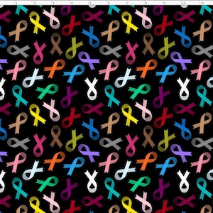 AWAR38 - Cancer Awareness Fabric, Orange Ribbon Awareness, gray ribbon, Blue Ribbon, Red Ribbon, Green Ribbon Awareness Month Black