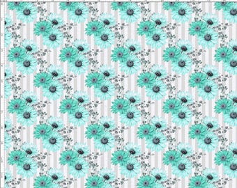 Turquoise Flower Fabric,  Teal Flower bouquet Fabric, Daisy Fabric, Turquoise Daisy, Custom Printed Fabric by The Yard (FLW112)