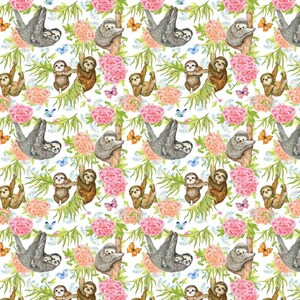Sloth Fabric by the Yard. Sloth Wild Animal Jungle Pattern, 100% Organic Interlock Knit cotton, Kona Cotton, Cotton Spandex Jersey (SLTH10)