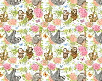 Sloth Fabric by the Yard. Sloth Wild Animal Jungle Pattern, 100% Organic Interlock Knit cotton, Kona Cotton, Cotton Spandex Jersey (SLTH10)