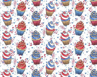 4th July Fabric, Patriotic Cupcakes Fabric, USA Patriotic Fabric, Cup Cake Fabric by the Yard (ID33)