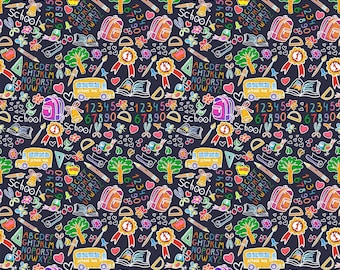 Back to School Kids Novelty Cotton Fabric By The Yard, School Supplies Fabric, School Pattern Fabric (BTS5)
