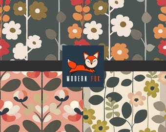 FLW290 - Retro Garden Fabric,  Retro Flower Pattern Fabric, Retro Vibe, floral Fabric, Custom Printed Fabric by The Yard