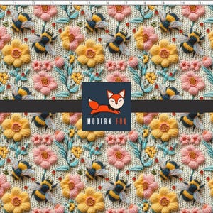 BB22 - Faux 3D Knitted Floral Bees Fabric, Spring Honey Bees Faux Embroidery (Printed to Simulate Embroidery, Not Actual Embroidery)
