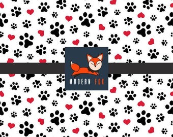 PW13 - Cute Dogs and Cats Paw Prints with Hearts and Bones Fabric, Custom Printed Fabric By The Yard