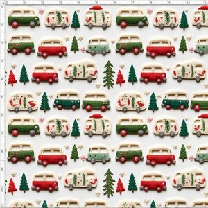 WNT365 - Vintage Christmas Faux Embroidery, Christmas Hippie Van Faux Felt Texture (Printed to Simulate 3D, Not Actual 3D)