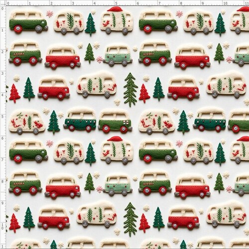 WNT365 - Vintage Christmas Faux Embroidery, Christmas Hippie Van Faux Felt Texture (Printed to Simulate 3D, Not Actual 3D)