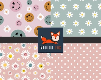 Retro Groovy Smiley Fabric,  Daisy Flower Pattern Fabric, Smiling Face Fabric, Retro Vibe, Custom Printed Fabric by The Yard (RET3)