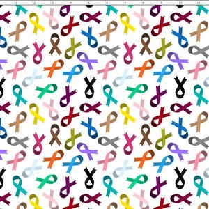 AWAR38 - Cancer Awareness Fabric, Orange Ribbon Awareness, gray ribbon, Blue Ribbon, Red Ribbon, Green Ribbon Awareness Month White