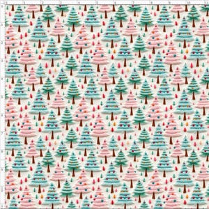 WNT361 - Christmas  Trees Fabric,  Woodland Forest Fabric, Holidays Fabric (Printed to Simulate Embroidery, Not Actual Embroidery)