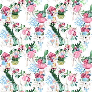 Llama Cactus Fabric by the Yard. Flower Llama Fabric, Custom Printed Fabric (LLM9)