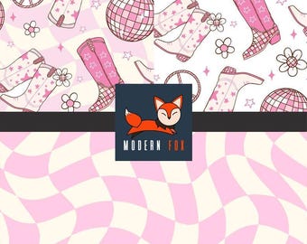 WES44 - Pink Cow Girl Fabric, Southwestern Fabric, Cow, Rodeo Fabric, checkerboard coquette bows cowgirl boots, Custom Printed Fabric