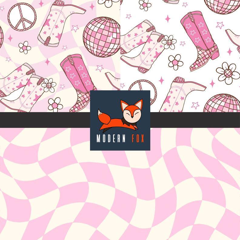 WES44 - Pink Cow Girl Fabric, Southwestern Fabric, Cow, Rodeo Fabric, checkerboard coquette bows cowgirl boots, Custom Printed Fabric