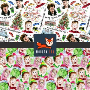 May include: A repeating pattern featuring characters and elements from holiday movies. The design includes images of actors, Christmas trees, cars, and text like "Merry Christmas, little fella" and "We're the Wet Bandits". A Modern Fox logo is also present.