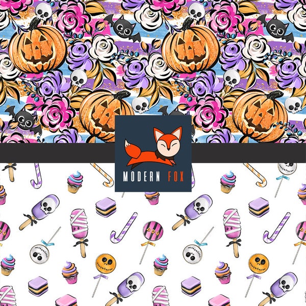 Happy Halloween Fabric By The Yard, Halloween Pumpkin Fabric, Cute Halloween Fabric, Custom Printed Fabric By The Yard (HAL191A)