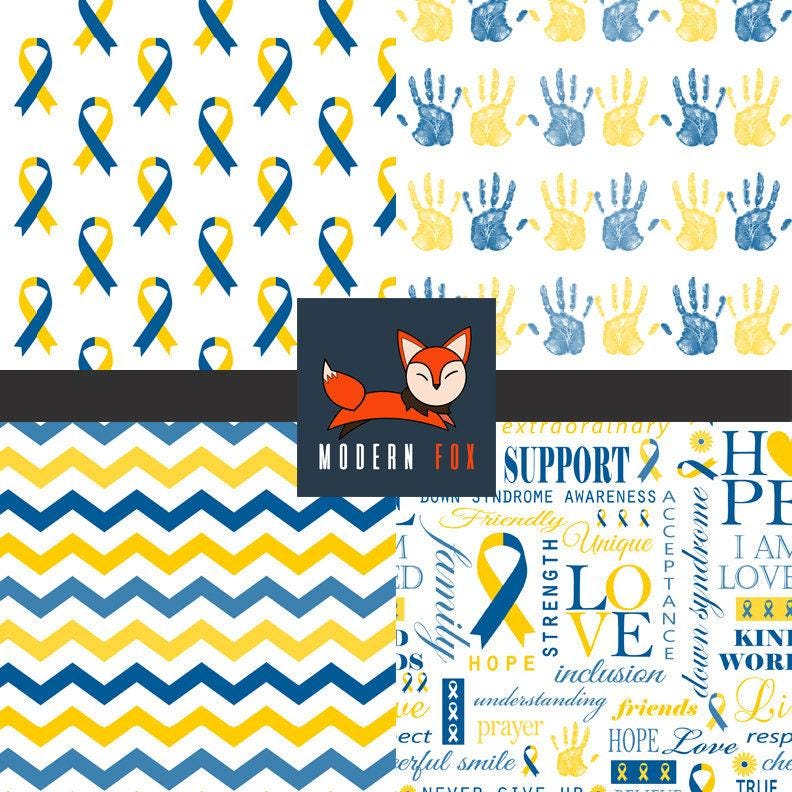 AWAR10 - Down Syndrome Awareness Fabric, Heart Ribbon Fabric By the yard, Blue and Yellow Ribbon Fabric, Custom Printed Fabric