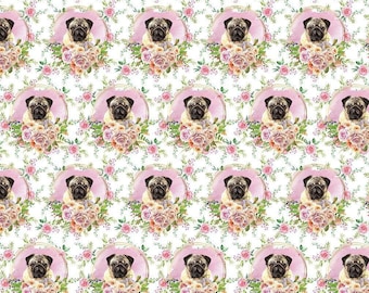 Adorable Pug Dog Fabric by the Yard, Pug Puppies, Pet Fabric, Dog Fabric By the yard (DG21)
