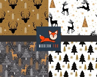 WNT40 - Christmas Deer Fabric, Christmas  Reindeer Fabric,  Woodland Forest Fabric, Holidays Fabric Fabric By The Yard