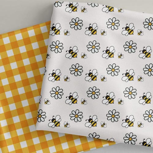 Bee Fabric, Bee Rainbow Fabric, Custom Print Fabric, Bumble Bee Fabric, Yellow Plaid Fabric (BB16)