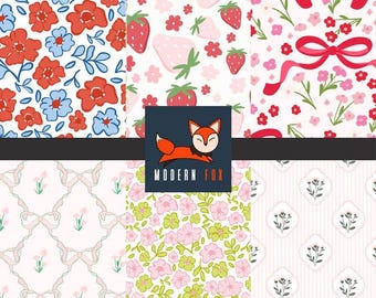 FLW345 - Dainty Flower, Strawberry, Preppy Pink Bows, Flower Garden Fabric, Retro Vibe, floral Fabric, Custom Printed Fabric by The Yard
