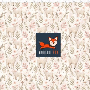 Puede incluir: Un patr&oacute;n repetitivo con corderos blancos, cruces y elementos florales en suaves colores pastel. El dise&ntilde;o incluye hojas y linternas, creando un tema pastoral suave. El logotipo de Modern Fox est&aacute; en el centro.