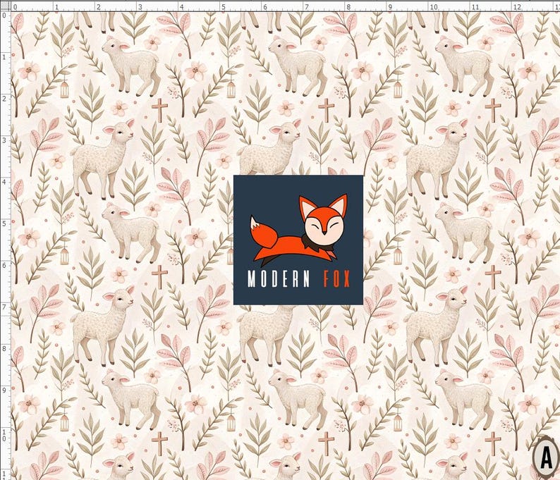 Puede incluir: Un patr&oacute;n repetitivo con corderos blancos, cruces y elementos florales en suaves colores pastel. El dise&ntilde;o incluye hojas y linternas, creando un tema pastoral suave. El logotipo de Modern Fox est&aacute; en el centro.