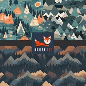 May include: A collection of four illustrated patterns featuring a camping theme and mountain landscapes. The patterns include tents, trees, and mountains in shades of teal, orange, and brown. The Modern Fox logo is also included.