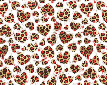 VAL75 - Heart Fabric, Valentine Heart Fabric, Red Gold Leopard Hearts Fabric By The Yard