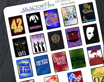 May include: A collage of 16 colorful squares featuring Broadway show posters from 1979-1989. The posters include titles like "42nd Street", "Cats", "Nunsense", "Dreamgirls", "Me and My Girl", "Sunday in the Park with George", "The Mystery of Edwin Drood", "Big River", "Singin' in the Rain", "Meet Me in St. Louis", "9", "Grand Hotel", "Chess", "La Cage aux Folles", "The Wizard of Oz".