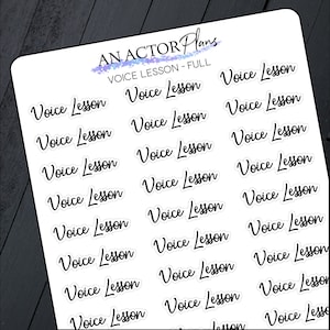 May include: A sheet of white stickers with the text "Voice Lesson" repeated 20 times in black cursive writing. The text "AN ACTOR Plans" and "VOICE LESSON - FULL" are printed in blue at the top of the sheet.