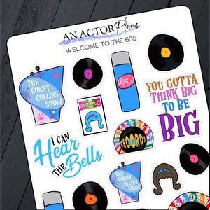 May include: A set of 10 colorful stickers featuring images and text related to the 1960s. The stickers include a record player, hairspray, a microphone, and the text "You Gotta Think Big To Be Big".
