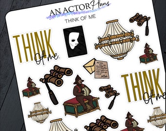 May include: A set of nine stickers featuring various elements from the musical "The Phantom of the Opera". The stickers include a chandelier, a mask, binoculars, a letter, and a character from the musical. The stickers are all white with gold accents and the text "Think of Me" is repeated on several of the stickers.