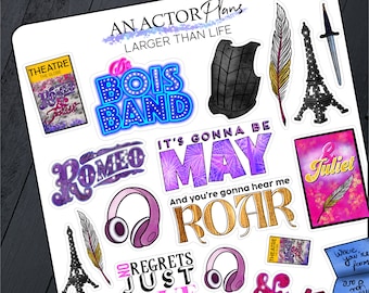 May include: A set of 12 stickers featuring various designs related to the musical "Romeo and Juliet". The stickers include a purple and white "Romeo" design, a pink and white "Juliet" design, a purple and white "It's Gonna Be May" design, a gold "Roar" design, a blue and white "The Bois Band" design, a pink and white "No Regrets Just Love" design, a black and white "Romeo and Juliet" design, a black and white "& Juliet" design, a black and white "Where you from" design, a black and white "The Globe" design, a black and white "Theatre" design, and a black and white design of the Eiffel Tower with a feather.
