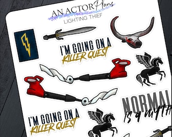 May include: A set of stickers featuring illustrations of a lightning bolt, a sword, a bull's head, a winged horse, a red and black tool, and the text "I'm going on a killer quest" in gold and black lettering. The text "Normal is a myth" is also included in black and grey lettering.