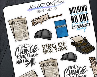 May include: A set of 10 Newsies themed stickers featuring illustrations of a newspaper, a typewriter, a cap, and text. The text includes "There's Change Coming Once And For All", "King of New York", "The Newsies Banner", "Strike", and "Nothing Can Break Us No One Can Make Us Give Our Rights Away".