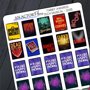 Carteles musicales para el seguimiento de premios // Premios Tabby // Planificador de carteles de teatro, diario, hoja de pegatinas
